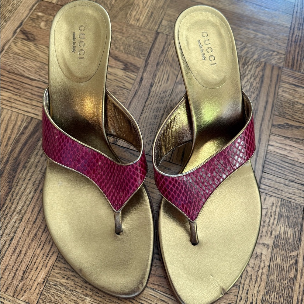 Gucci Gold and Red Snakeskin Sandals